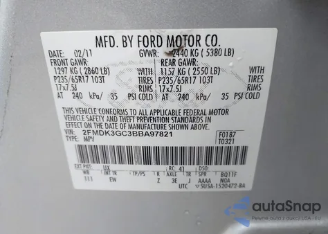 2011 Ford Edge Se из США, поврежденный, VIN 2FMDK3GC3BBA97821